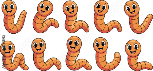 Cute cartoon worm collection, happy orange worms with smiling faces, vector insect animal set, isolated funny illustration for kids design