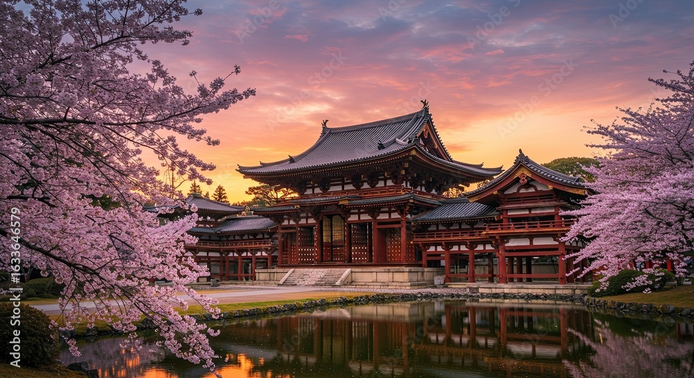 Naklejka premium Traditional Japanese Temple with Pink Cherry Blossoms at Sunset