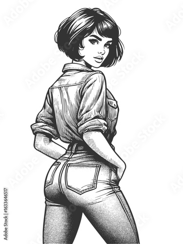 confident woman in cuffed t-shirt and fitted jeans, glancing back with a bold expression sketch engraving generative ai fictional character vector illustration. Scratch board. Black and white image.