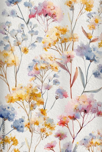 Watercolor Floral Pattern: Delicate Blossoms in Yellow, Pink, and Blue on White Background