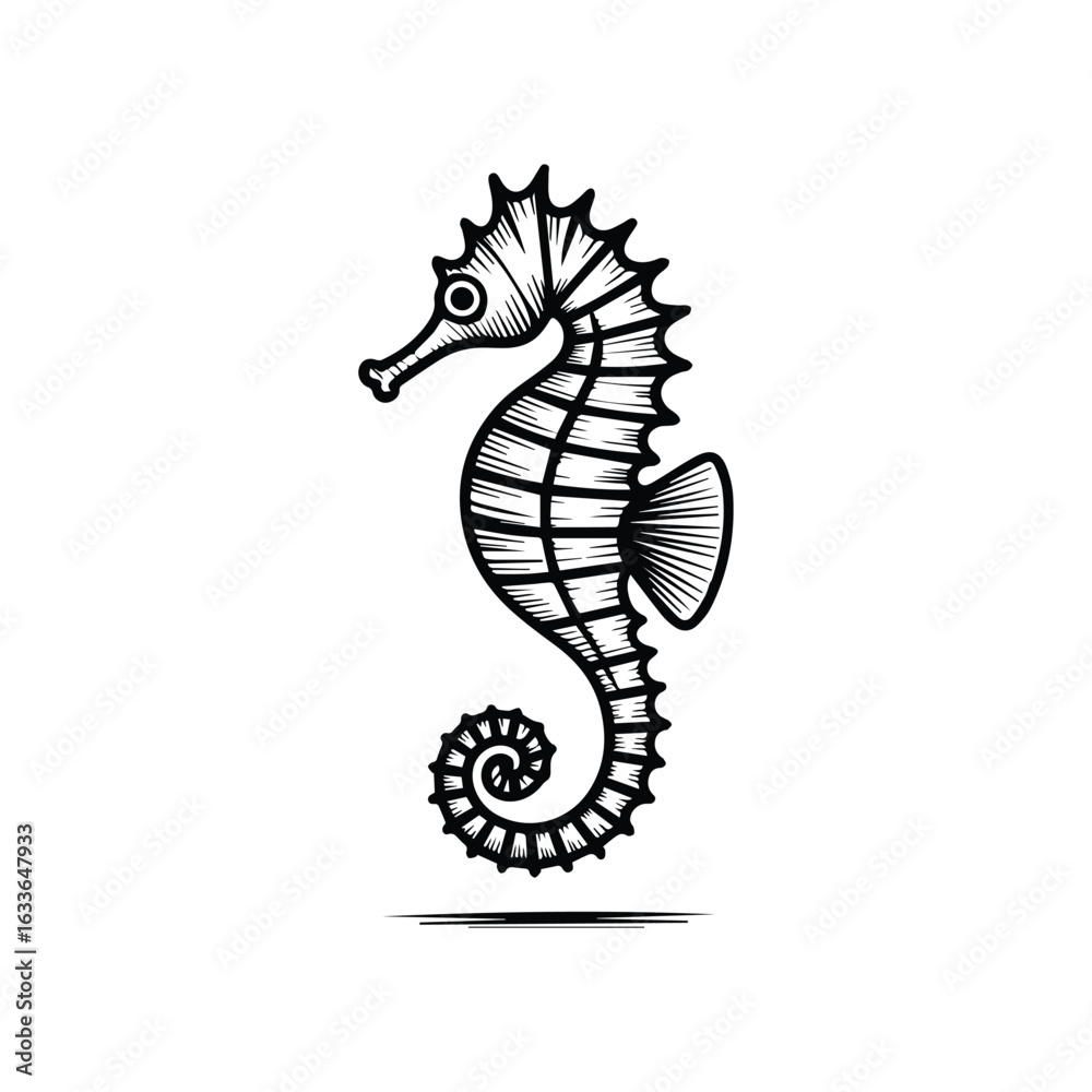 Fototapeta premium Black and white seahorse illustration with a curled tail marine life ocean creature
