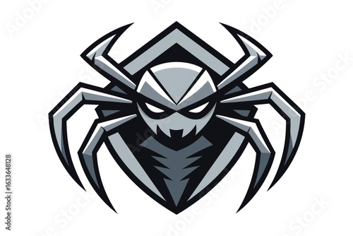 Bold gray spider with sharp fangs poses on a badge shape