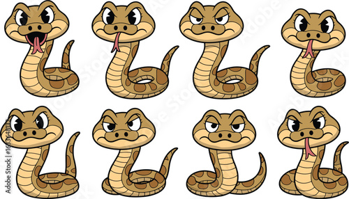 Cartoon brown snake vector illustration set with different facial expressions, coiled and upright poses, isolated on white background for design