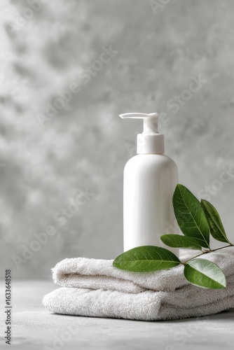 White Pump Bottle, Spa Towels, and Green Leaves on Grey Background