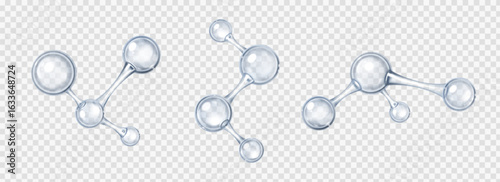 Blue glass chemical molecules with 3d atom structures connected by bonds for science visualization. Transparent spheres form molecular chains and networks for chemistry or research education.