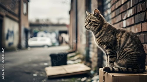 Striped tabby cat sits on cardboard in urban alleyway, watches surroundings. Use for animal welfare, urban life, pet supplies, animal care, loneliness, and environmental themes.  