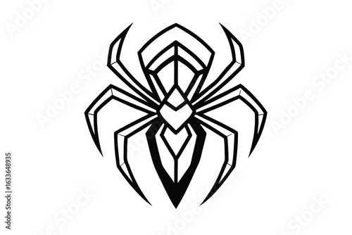 A minimalist outline of a geometric spider stands starkly on the white background