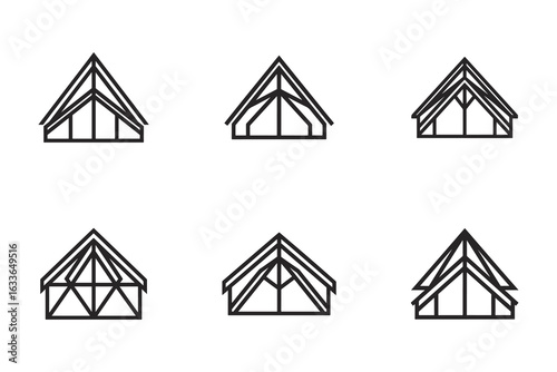 Collection of Roof Truss Structure Illustrations for Construction and Architecture Designs Depicting Support and Engineering Details