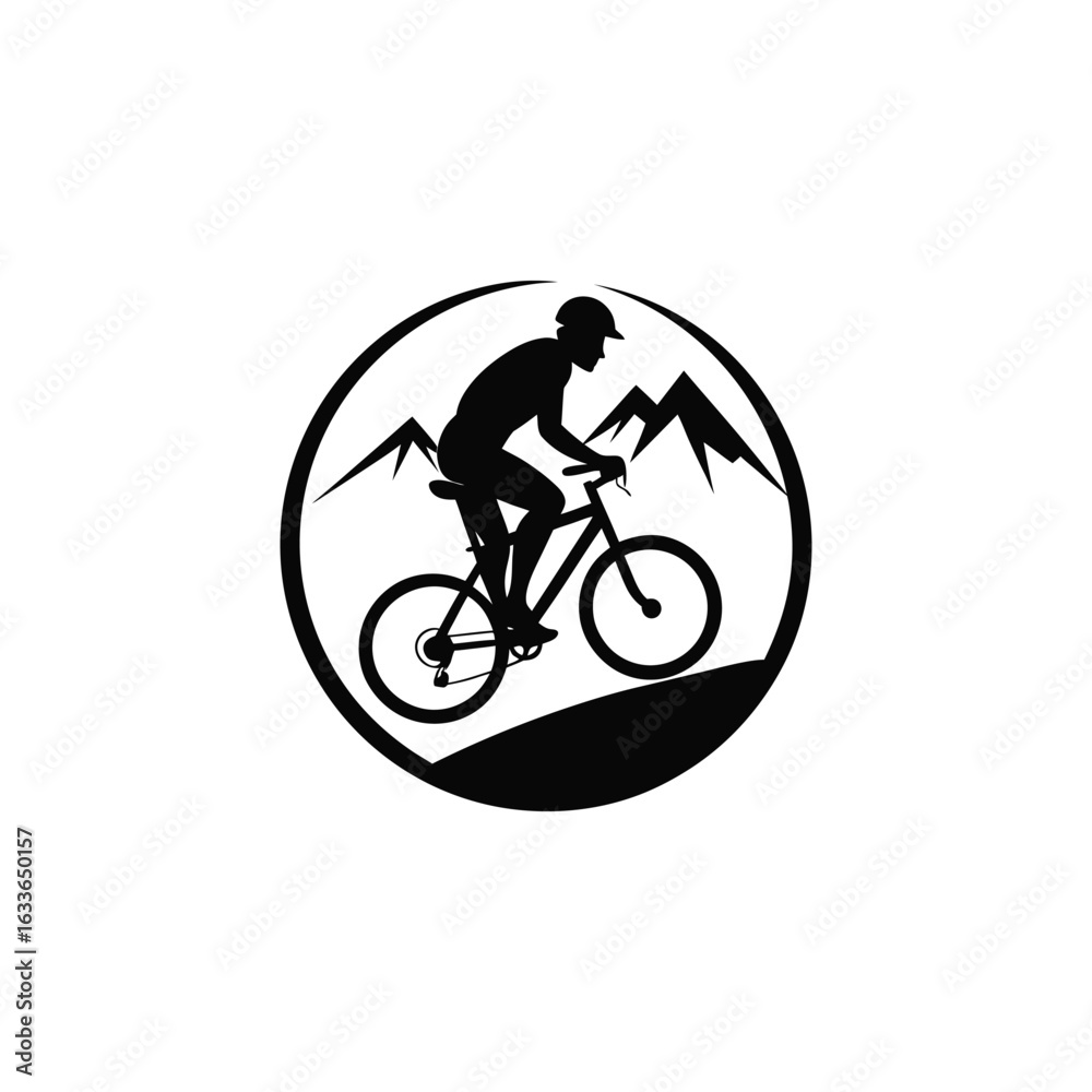 Fototapeta premium Mountain biker silhouette with mountains in a circle. Vector logo icon for cycling sport and outdoor adventure.