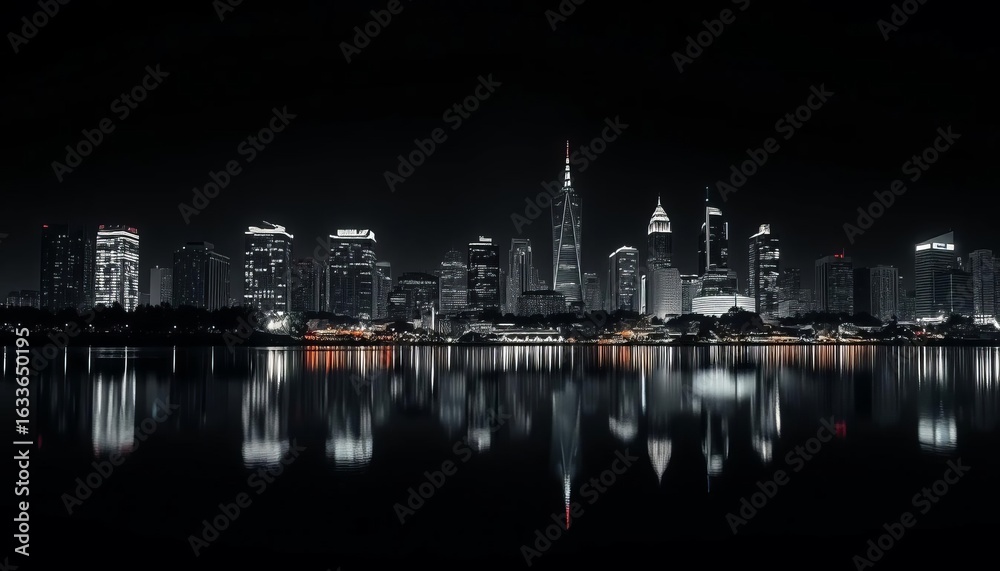 Fototapeta premium Monochromatic nightscape, city buildings reflected in still water, geometric, abstract