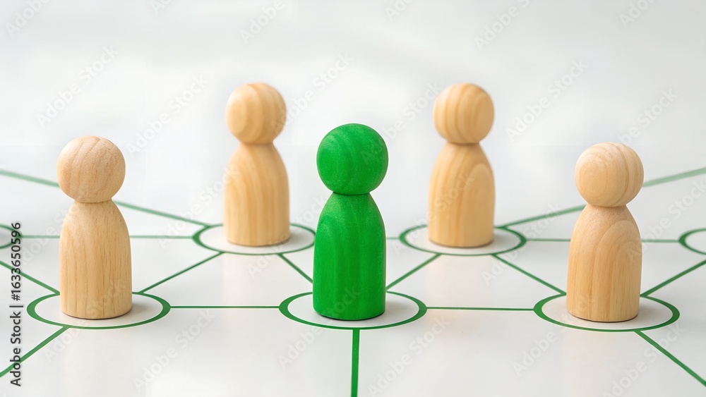 Obraz premium Central Leadership Concept – Influence, Network Dynamics, and Key Individual Symbolism, Abstract, Business, Green Figurine Connected to Others in Wooden Network Pattern