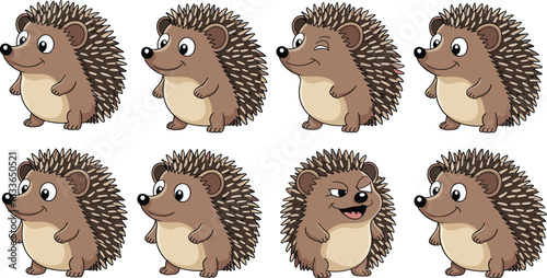 Set of cute cartoon hedgehog characters with different expressions, animal illustration, spiky brown mammals, vector wildlife art on white background