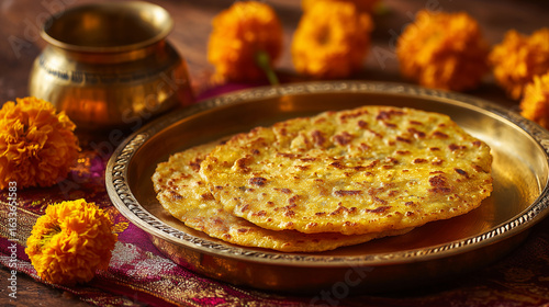 Fresh Puran Poli on brass plate with festive marigold decor around