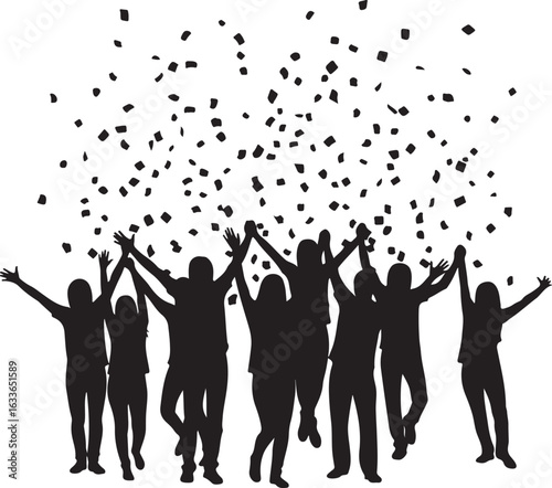 Silhouette of cheering people with confetti falling, vector illustration