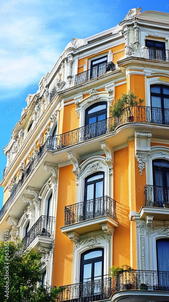 Obraz premium Ornate, sunlit, yellow building facade with balconies
