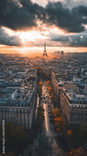 Parisian cityscape at sunset, Eiffel Tower in the distance