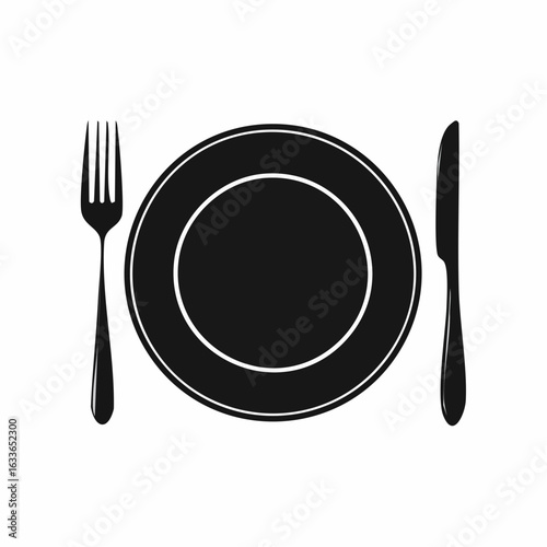 Monochrome silhouette of a dinner plate with a fork and knife. Vector illustration for dining, cooking, and food concepts.
