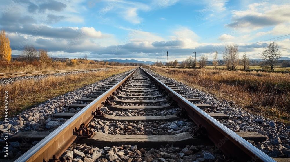 Fototapeta premium Railroad tracks stretching into a distant autumn landscape under a partly cloudy sky