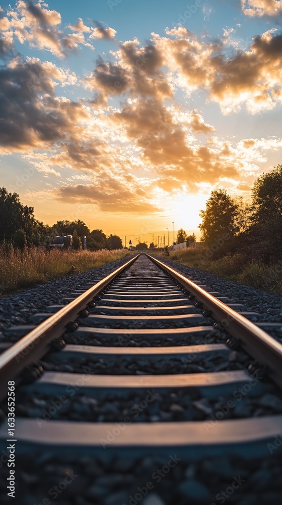 Fototapeta premium Railroad tracks stretching into a golden sunset (1)