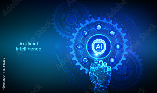 AI. Artificial Intelligence. Digital brain. Machine Learning Concept. Neural networks. AI technology. Wireframe hand touching digital interface with connected gears cogs and icons. Vector illustration