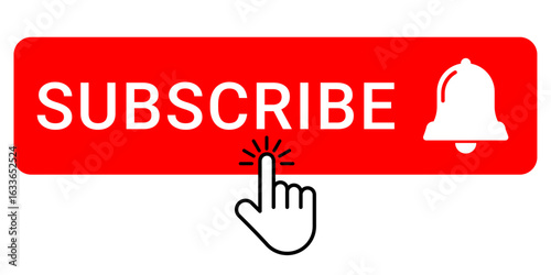 Red Subscribe Button with Notification Bell and Hand Cursor Tap Icon Vector
