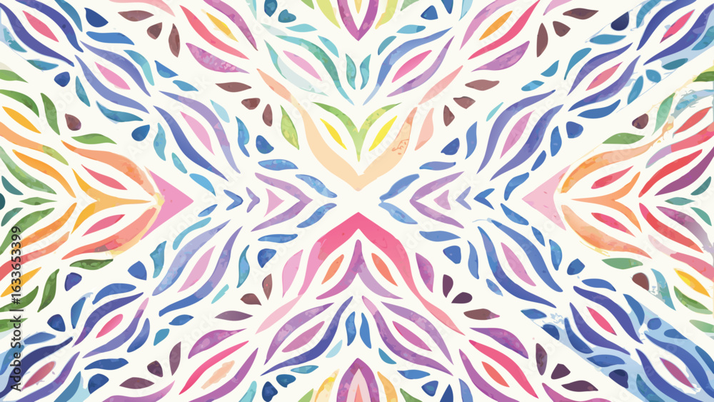 Fototapeta premium Kaleidoscopic watercolor pattern featuring symmetrical arrangement of colorful leaf like shapes and floral elements