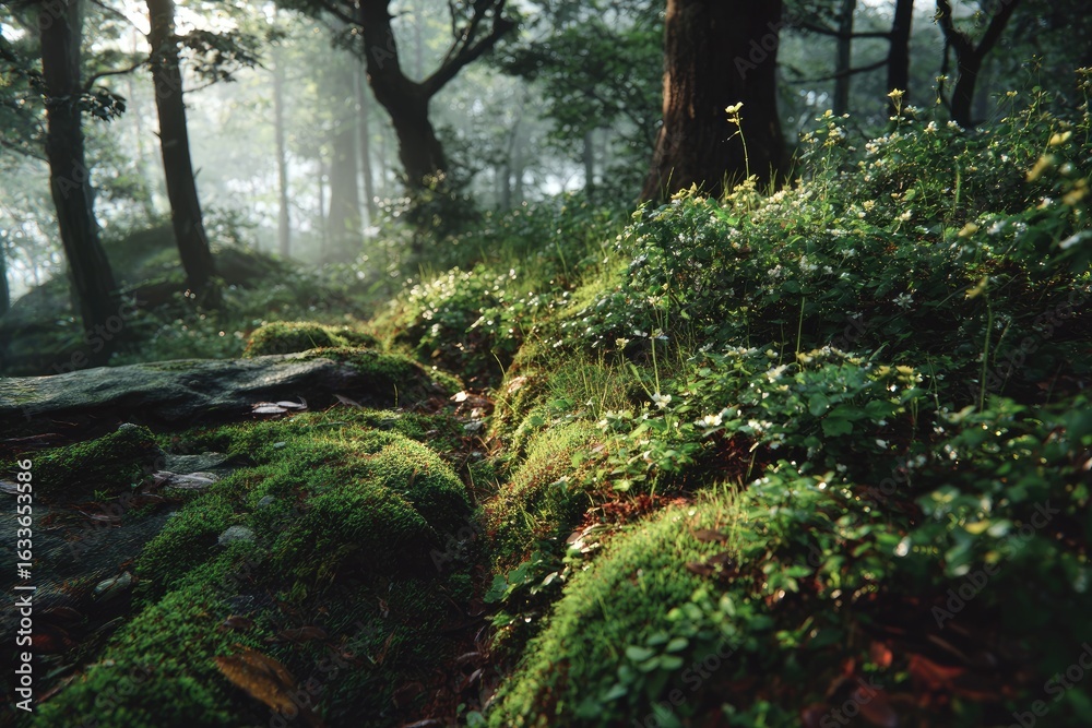 Fototapeta premium Misty forest floor, moss-covered rocks, and lush undergrowth
