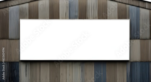 Blank white rectangular billboard for advertising mounted on a rustic wall of weathered, multi-colored vertical panels.