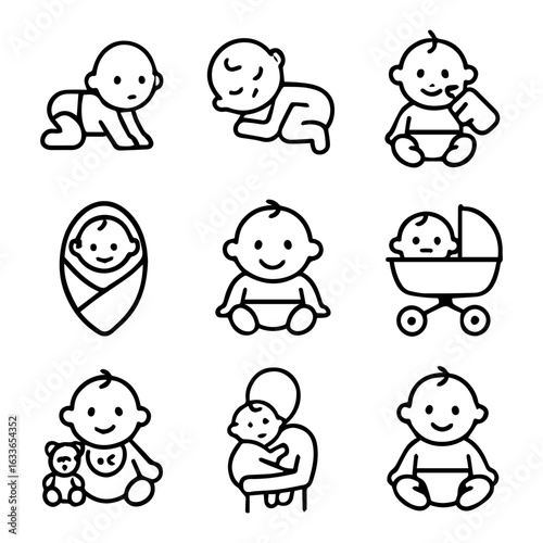 Collection of Cute Baby Icons in Various Stages of Development.