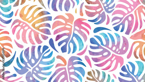 Watercolor monstera leaf pattern with vibrant pastel hues on a white background creates a tropical vibe