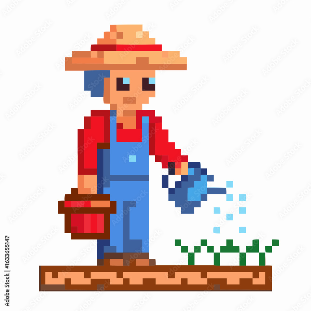 Obraz premium a farmer wearing a straw hat and red shirt is standing on a patch of land, holding a red bucket and watering a crop.