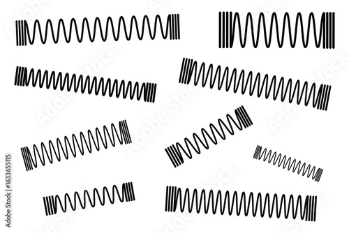 Metal spiral flexible wire elastic spring vector icons. Set of various shaped metal springs tapering, Compressed, extended coils, Flexible spring icon Logo symbol. Vector illustration.