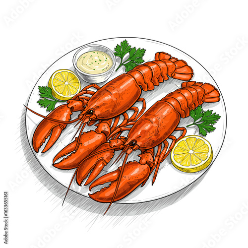 Freshly cooked lobster served with lemon and garlic butter sauce  