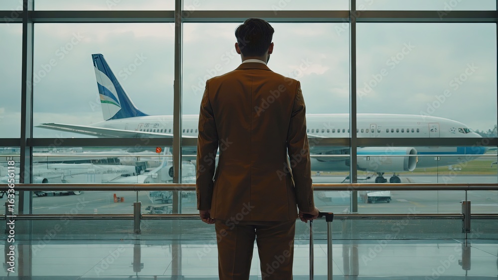 Fototapeta premium Business traveler waits at the airport, preparing for departure to an important meeting while observing the airplane outside