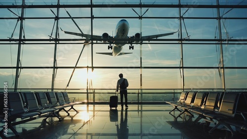 Passenger waits at airport terminal as airplane takes off into sunset