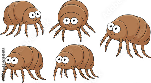 Cute cartoon mites with big eyes, isolated on white background, funny vector illustration, insect design for kids, educational, playful