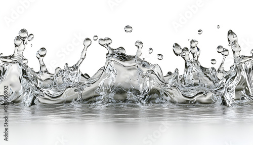Clear, clean water splashing dynamically, creating ripples and flying droplets on a reflective surface against a white background.
