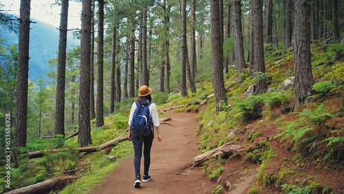 Hiking along a serene forest trail in a lush green landscape during daytime