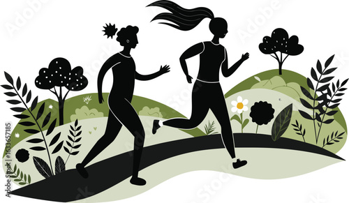 This collection of black and white images depicts illustrations of people jogging, often shown in motion or running in a park