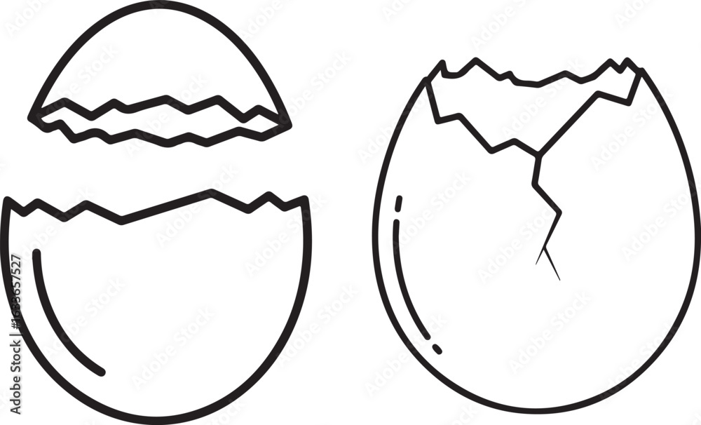 Obraz premium Cracked eggshell illustration in black and white. Broken eggshell clip art.