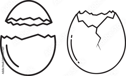 Cracked eggshell illustration in black and white. Broken eggshell clip art.