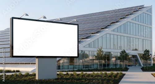 Blank billboard stands in front of a modern building with solar panels on the roof, surrounded by greenery and a pathway.