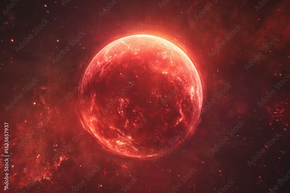 Fototapeta premium Vibrant red planet glowing amidst a cosmic backdrop in a futuristic depiction of deep space with swirling nebulae and distant star formations