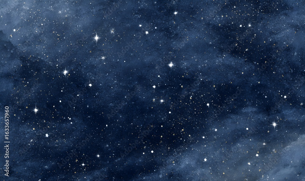 Obraz premium A dark navy blue background with white stars and constellations, a vintage look, painted on paper with a grunge texture.