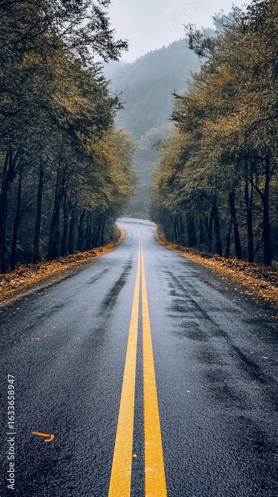 Fototapeta premium Winding road through a misty forest on a rainy day