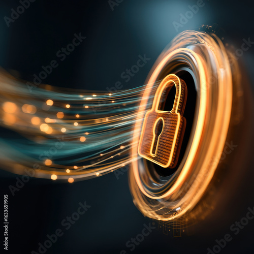 Digital security concept with glowing lock icon and flowing data streams in dark background