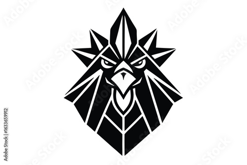 Abstract geometric rooster head is rendered in black monochrome on white background, looking fierce