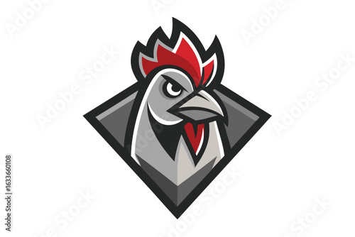 Angry grey rooster emblem shows a fierce expression, inside a diamondshaped badge
