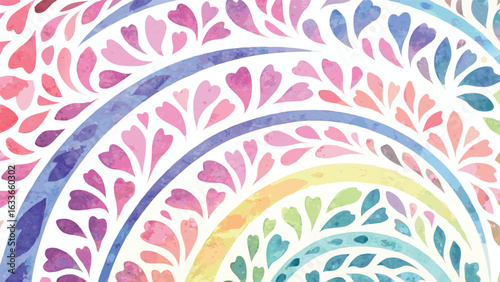 Watercolor rainbow arc with heart shaped leaves in pink and purple hues on a white background art