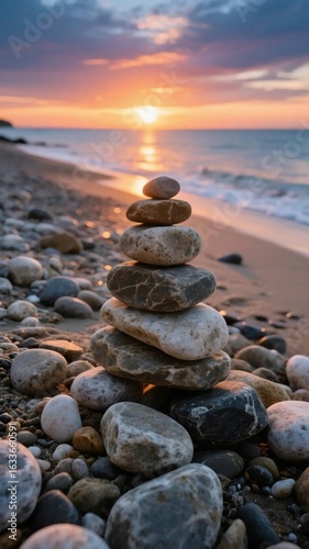 Zen Stone Stack on Rocky Beach at Sunset – Tranquility and Nature Balance